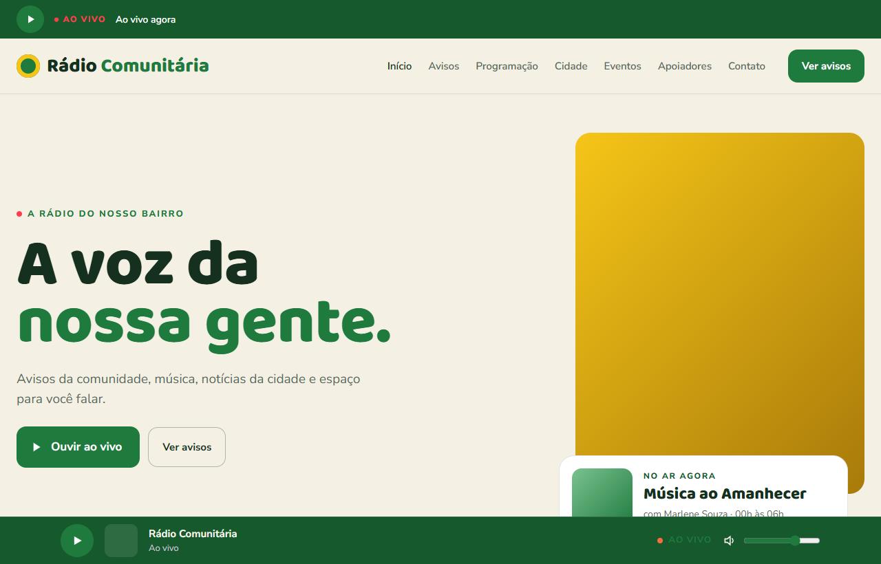 Página inicial do modelo Rádio Comunitária